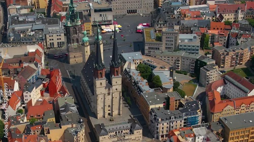 Aerial view around the old town in the city Halle (Saale) on an sunny spring day in Germany	