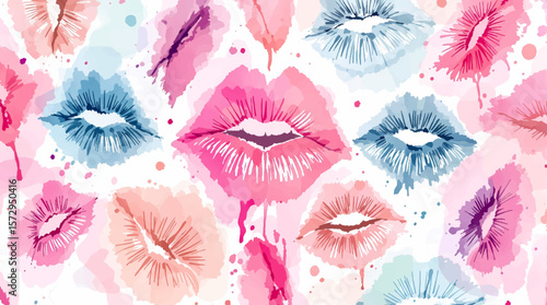 Watercolor seamless pattern lips, A seamless pattern background radiating sweetness and love. Watercolor lips in soft pinks and reds form a dynamic repeating pattern, playfully leaving kiss