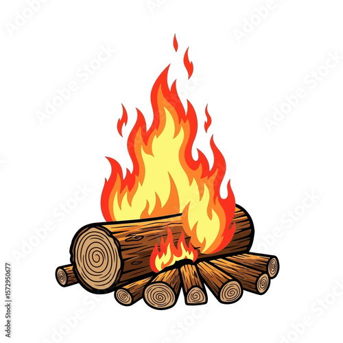 Campfire with burning flames and wooden logs in a natural setting  