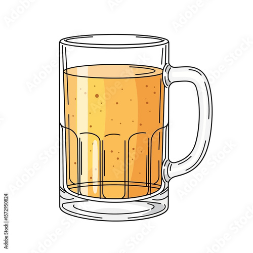 Glass mug of beer filled with golden liquid on white background  