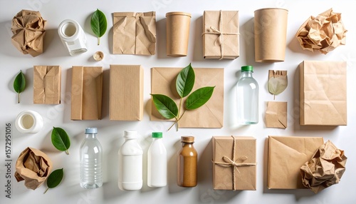 Eco-Friendly Packaging Assortment A Collection of Sustainable Options with Natural Green Leaf Accents, promoting responsibility.