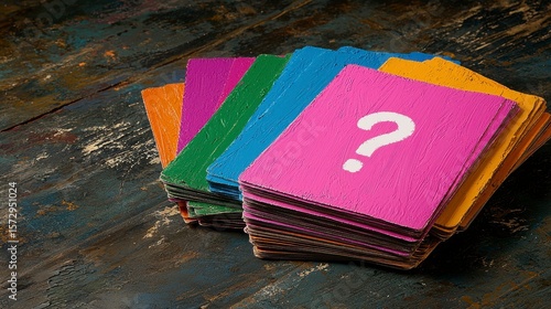 Colorful Question Mark Cards on Dark Wooden Surface