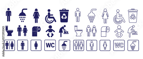 WC icon set. Toilet, restroom, man and woman, bathroom, disabled, dumpster, toilet paper, infant. Vector Illustration