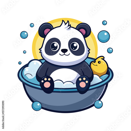 Cute Panda Relaxing in a Bubble Bath with Rubber Duck on Head – Adorable Vector Art for Kids and Decor