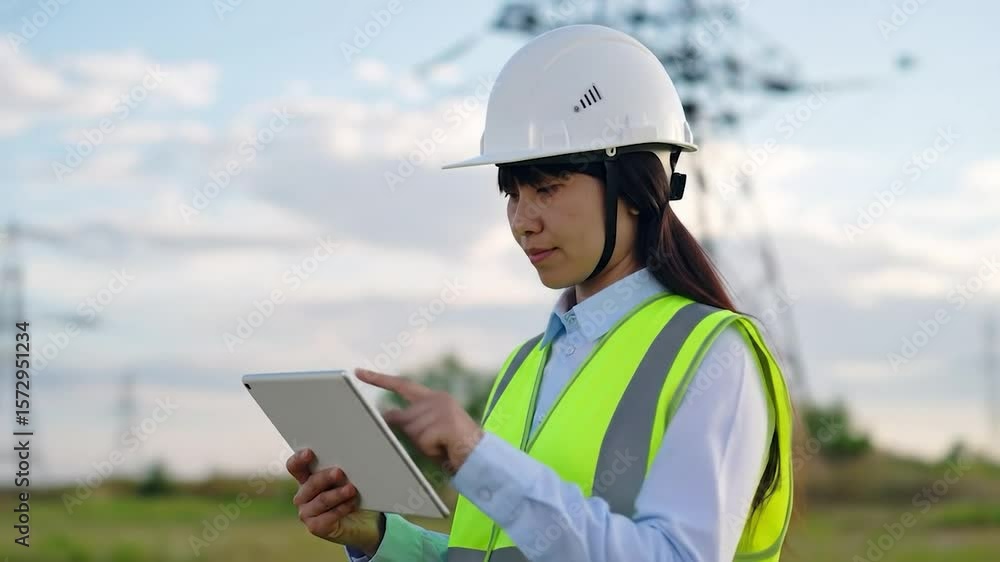 Engineer in safety vest & hardhat uses tablet near power lines Engineer in safety vest & hardhat uses tablet near power lines