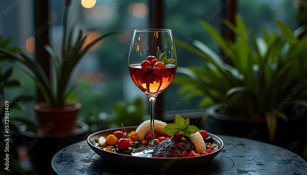 Naklejka premium Elegant Dinner Scene with Wine Glass and Fruit Platter on Table
