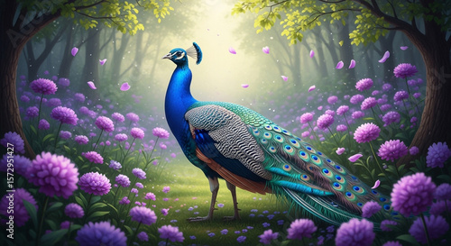 Beautiful peacock in a flower field wildlife nature scene colorful illustration