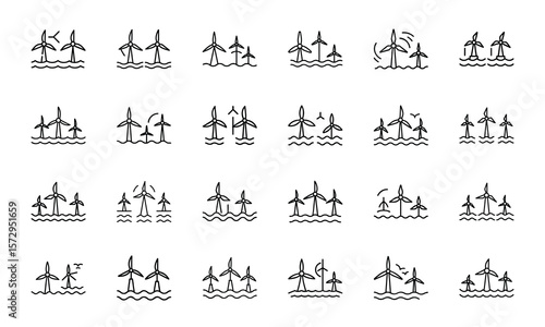 Collection of minimalist wind turbine icons depicting renewable energy sources for environmental and sustainable development concepts