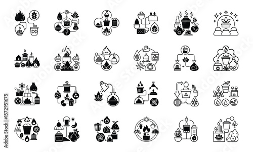 Illustrated black and white icons representing organic processes and natural aromatherapy ingredients and treatments.