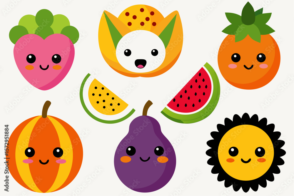 Obraz premium Whimsical fruit characters with cute animal faces embedded in fruits like watermelon, orange, and papaya. Colorful and playful, ideal for children’s books or apps.