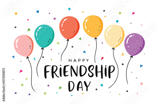 Friendship Day Celebration: A vibrant, playful illustration of balloons, colorful confetti, and a heartwarming "Happy Friendship Day" message, perfect for conveying joy and celebrating camaraderie.