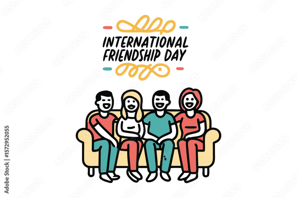 Celebrating international friendship day with a diverse group of friends relaxing together on a couch