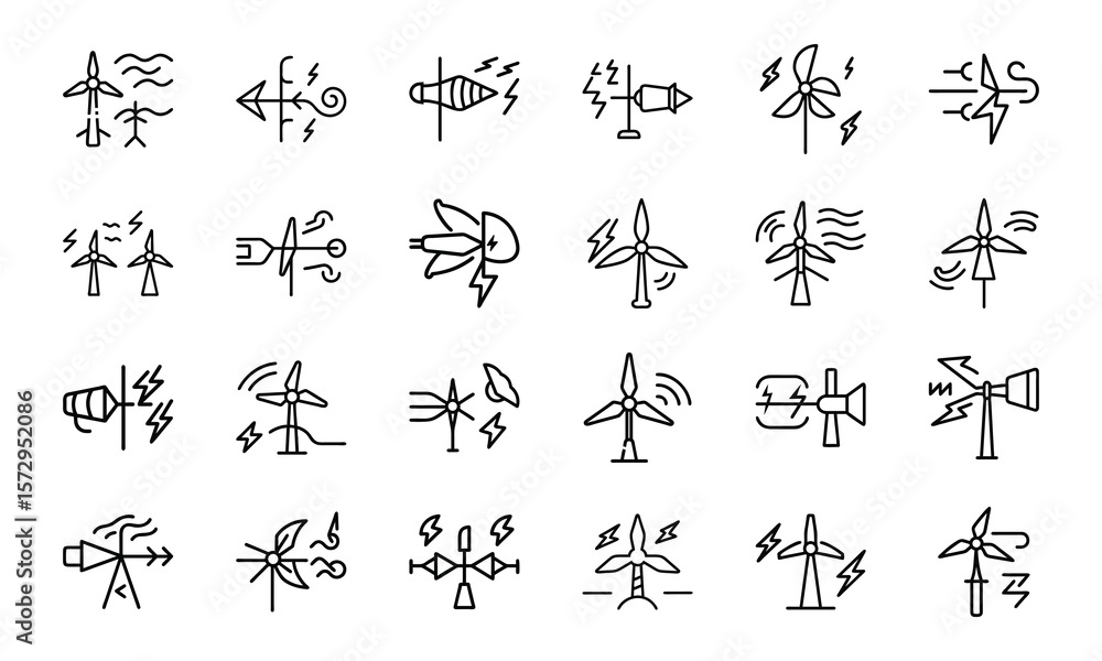 Naklejka premium Collection of minimalist line art illustrations depicting wind turbines and energy related graphics in various designs