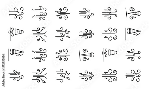 Set of black and white weather icons depicting wind direction strength and other climate elements available for design projects