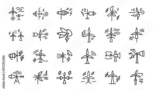 Collection of minimalist line art illustrations depicting wind turbines and energy related graphics in various designs