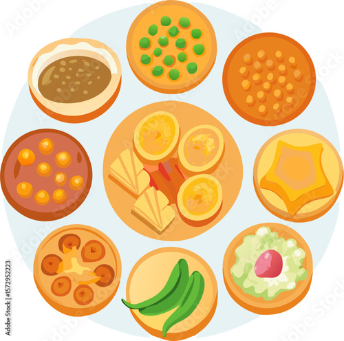 Vector set of traditional Asian and Thai desserts in circular layout. Includes golden sweets like thong yod, foi thong, and pudding-style treats.