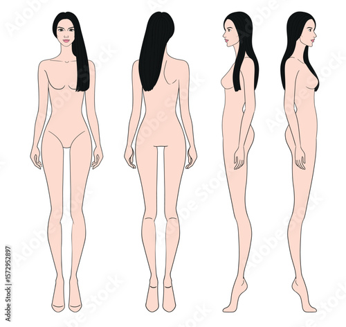 Colored fashion croquis figurines front side back with straight long hair woman in vector.