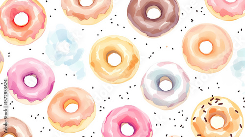 A vibrant donut pattern with glossy icing and delicate details, capturing a lighthearted, sweet aesthetic perfect for joyful designs