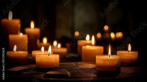 Cluster of lit candles with warm flickering flame and gentle light glowing softly on dark surface creating peaceful wax glow ambiance