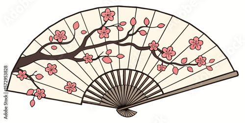 An open, traditional Japanese paper fan with an oriental design and bamboo accents, a beautiful cultural accessory on a black background
