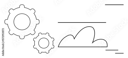 Two gears beside a cloud with dynamic motion lines suggesting progress, innovation, and connectivity. Ideal for industry, teamwork, cloud computing, efficiency, networking, system simple flat