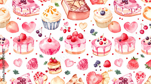 Hand-painted cakes, cupcakes, and fruits in pastel tones, forming a whimsical seamless design inspired by celebration and sweetness