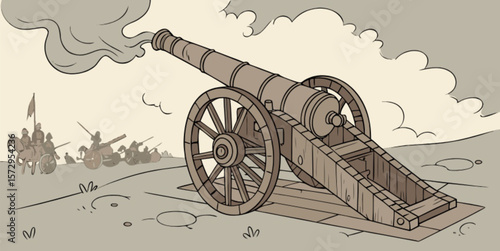 Old vintage military cannon with wheels, a powerful iron artillery weapon isolated on white