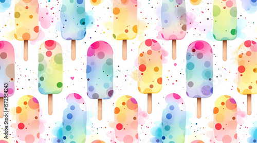 Colorful watercolor popsicles with playful polka dots, creating a bright summer pattern full of fun, sweetness, and refreshing energy