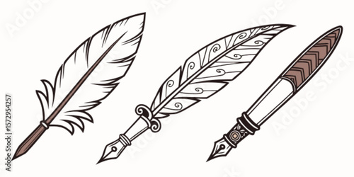 An isolated vintage feather quill pen with ink, a vector illustration of a bird's plume
