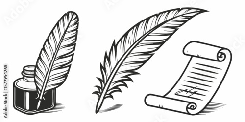 Feather quill and inkwell for writing, a classic symbol of literature and art