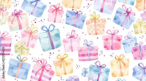 Colorful watercolor gift boxes with ribbons scattered across a soft background, creating a joyful pattern full of celebration and festive charm