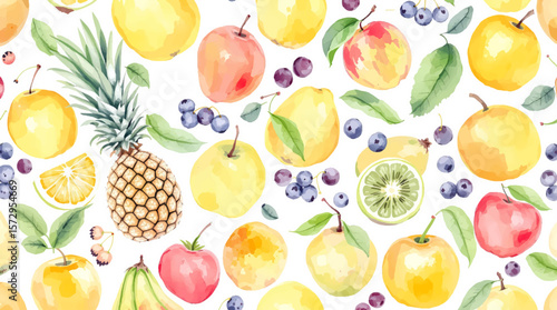 Colorful watercolor fruit pattern with apples pineapple berries on white background