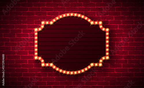 Retro Signboard Lightbox Banner Design with Glowing Light Bulb Frame Billboard on Vintage Brick Wall Background. Vector Customizable Marquee Sign Illustration for Casino Advertising, Theater Show