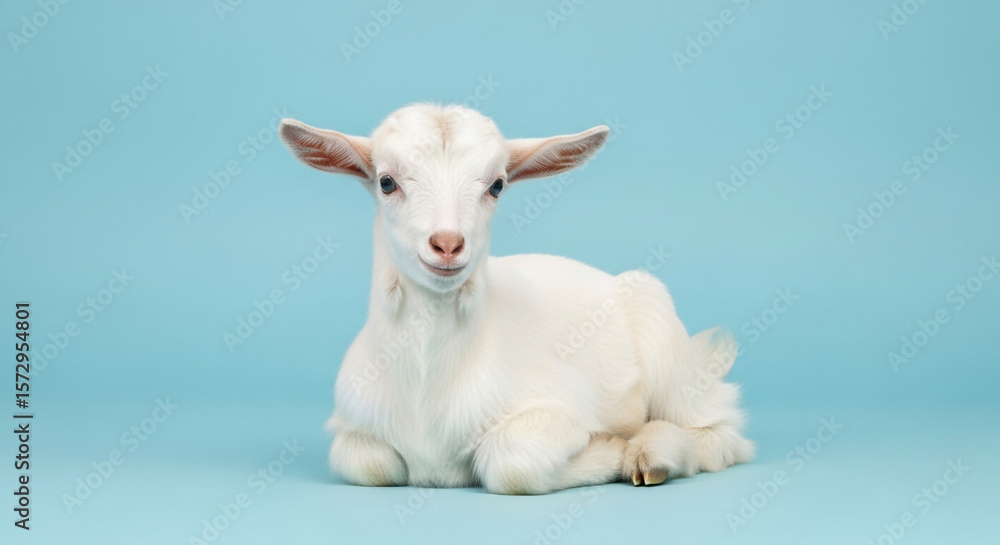Fototapeta premium White baby goat kid laying down on blue background cute farm animal livestock pet