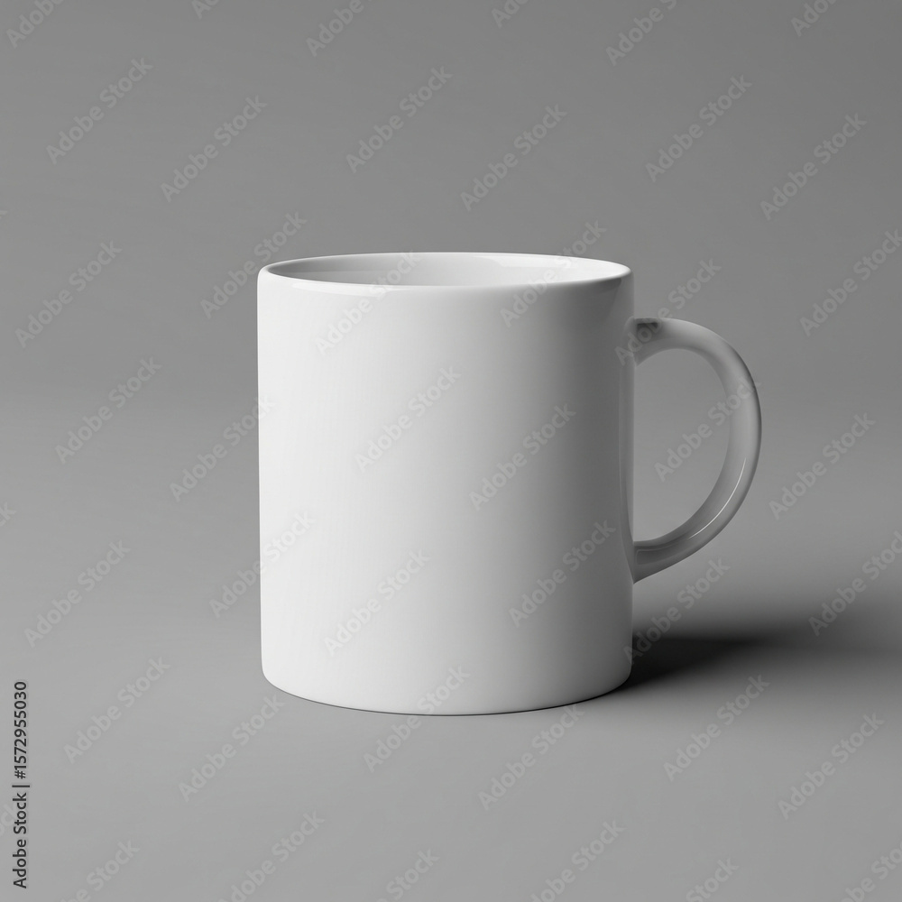 Obraz premium A simple white ceramic mug is placed on a flat surface, photographed against a plain background. The mug has a clean, minimal design with a rounded handle on the right side.