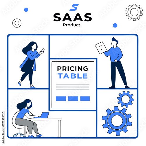 Modern saas product concept with a pricing table illustration featuring people interacting with technology and gears symbolizing business operations and growth