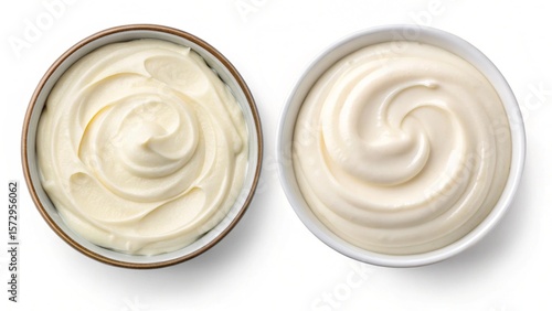 Creamy Mayonnaise Bowls: Two Styles, Overhead Studio Shot, Isolated on White Background