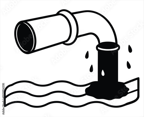 A pipe releases dark, polluted water into a wavy body of water, representing water contamination