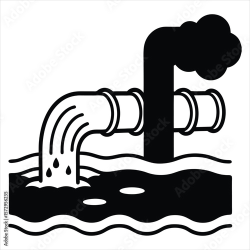 A large pipe pours dark liquid into a wavy body of water, highlighting the issue of industrial water pollution