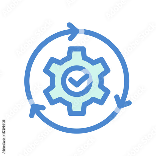 Gear with Checkmark and Arrows for System Optimization Process