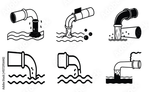 Six different illustrations depict pipes discharging various substances into wavy water, symbolizing pollution and environmental issues