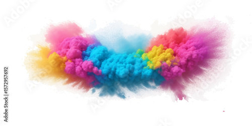 Dynamic Multicolor Rainbow Powder Dust Explosion with Bright Color Burst and Colorful Paint Cloud on Isolated White Background