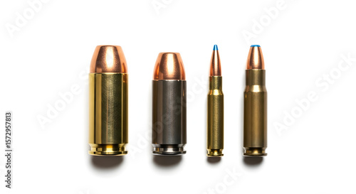 Four Different Types of Rifle Ammunition Cartridges on White Background