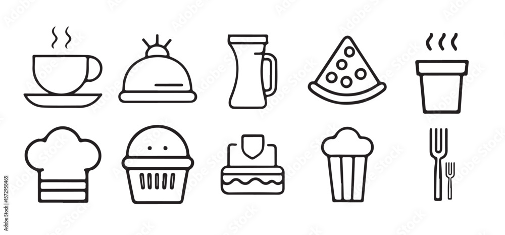 Food and Drink Icon sets with Burger, Coffee, Pizza, and Kitchen Items on White Background Food and Drink Icon sets with Burger, Coffee, Pizza, and Kitchen Items on White Background