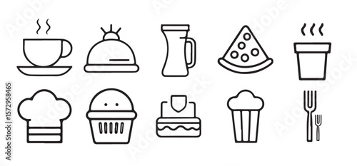 Food and Drink Icon sets with Burger, Coffee, Pizza, and Kitchen Items on White Background