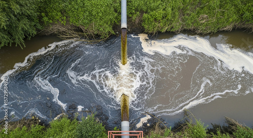 Water pollution industrial discharge pipe environmental impact aerial view