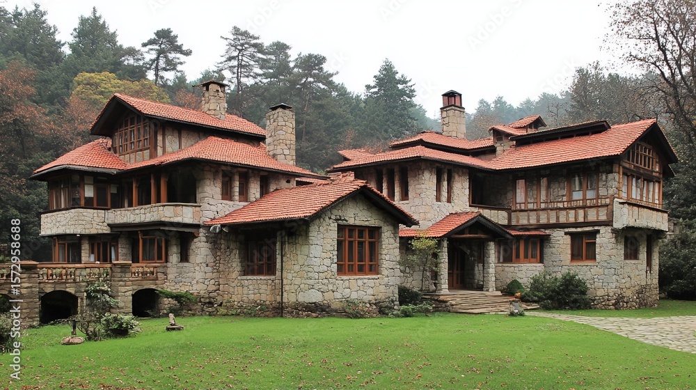 A sprawling stone mansion nestled in a lush forest, featuring multiple levels, terracotta roofs, and wooden accents A sprawling stone mansion nestled in a lush forest, featuring multiple levels, terracotta roofs, and wooden accents