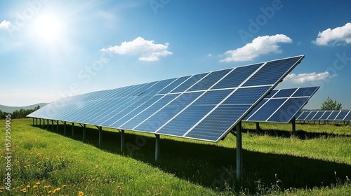 A sunny field hosts rows of solar panels, generating clean energy against a bright blue sky