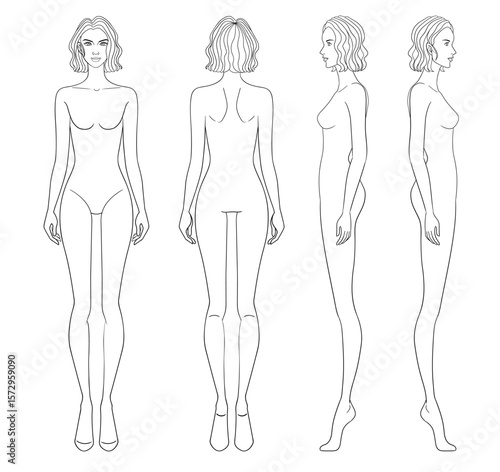 Fashion outline sketch croquis figurines front side back view with curly short hair woman in vector.