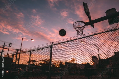 A basketball, mid-air, just about to pass through a chain-link net on an urban court at sunset, creating a silhouette, street sports, and aspiration.